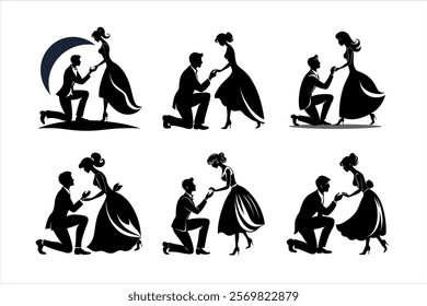 Six black silhouette illustrations of couples proposing.