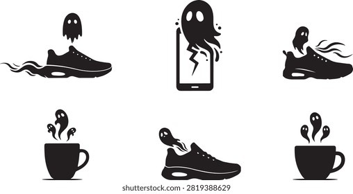 Six black silhouette on a white background. The depict ghosts interacting with sneakers, a broken mobile phone, and coffee cups.