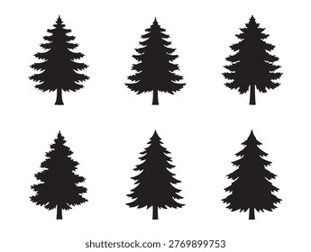 Six black silhouette pine trees vector illustration, minimalist forest design
