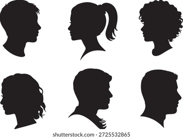 Six black silhouette profiles featuring diverse male and female heads, showcasing various hairstyles and youthful looks.