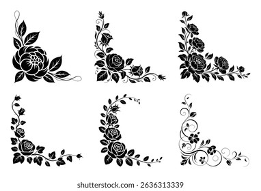Six black silhouette rose corner designs