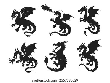 Six Black Silhouette Set Dragons in Various Poses ON White Background