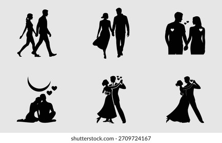 Seis viñetas de siluetas negras de parejas en poses románticas y bailes. También se representa una luna creciente y corazones.