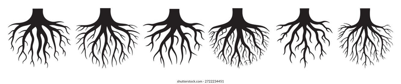 six black silhouetted tree root systems on a white background