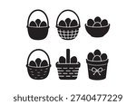 Six black silhouettes of baskets, each containing eggs, displayed in a simple icon set.