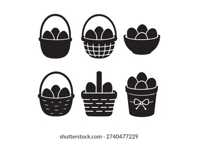 Six black silhouettes of baskets, each containing eggs, displayed in a simple icon set.
