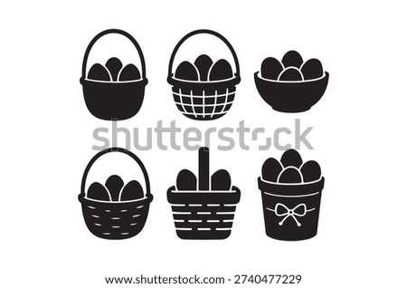 Six black silhouettes of baskets, each containing eggs, displayed in a simple icon set.