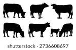 Six Black Silhouettes of Cows and Calves Grazing cattle