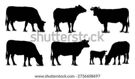 Six Black Silhouettes of Cows and Calves Grazing cattle