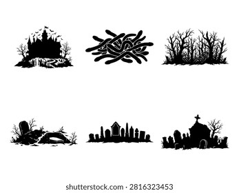 Six black silhouettes depict cave, nest, haunted forest, grave, cemetery, churchyard scenes collectively.