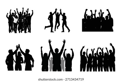 Six black silhouettes of diverse groups of people rejoicing, cheering, and celebrating with raised arms in various poses and formations