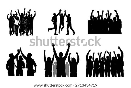 Six black silhouettes of diverse groups of people rejoicing, cheering, and celebrating with raised arms in various poses and formations