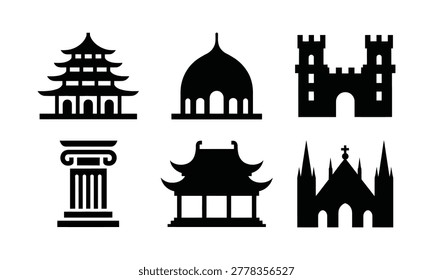 Six black silhouettes of famous global structures. Includes pagoda mosque castle temple column and gothic church.