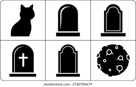 Six black silhouettes featuring cat tombstones and microbe cell in balanced two row layout on white background