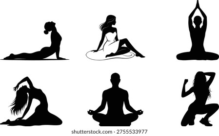 Six black silhouettes of people practicing yoga poses exercise fitness
