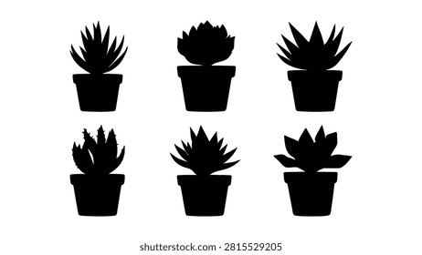 Six black silhouettes of potted succulent plants arranged in two rows, showcasing various shapes and sizes of desert flora in simple style.