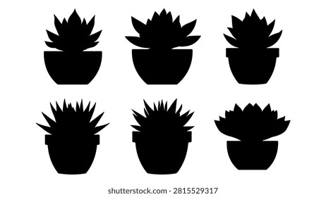 Six black silhouettes of potted succulent plants arranged in two rows, showcasing various shapes and sizes of desert-friendly greenery.