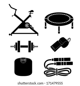 six black silhouettes related to fitness in white background