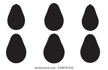Six black silhouettes representing different avocado shapes and sizes
