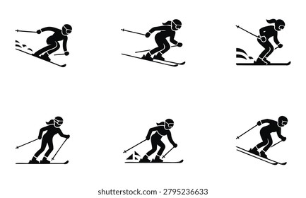 Six black silhouettes of skiers in different poses on white background
