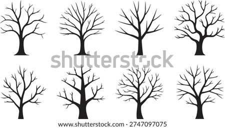 Six black silhouettes of trees with bare branches on a white background