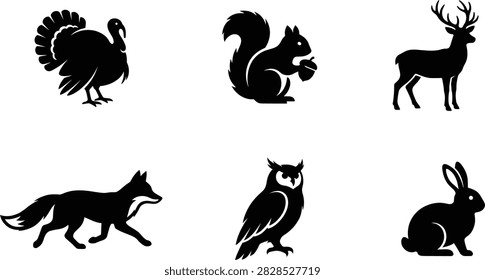 Six black silhouettes of various wild animals including a turkey, squirrel, deer, fox, owl, and rabbit, presented on a clean white background.