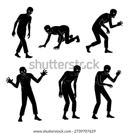 Six black silhouettes of zombies in various poses on a white background, showcasing different movements and actions.
