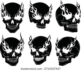 Six black skull illustrations with white flames emanating from the eye sockets and top of the heads, presented in a grid layout against a white background.