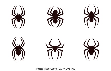 Six black spider silhouettes in different poses on white background