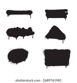 Seis Formas de pintura en aerosol negro se muestran sobre un fondo blanco. Cada forma tiene una forma y textura única con efectos de goteo.