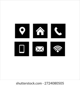 Sechs schwarze quadratische Symbole auf weißem Hintergrund, die die Symbole für Standort, Zuhause, Telefon, Mobiltelefon, E-Mail und Wi-Fi darstellen.