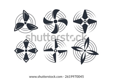 Six black stylized propellers rotating and creating circular waves