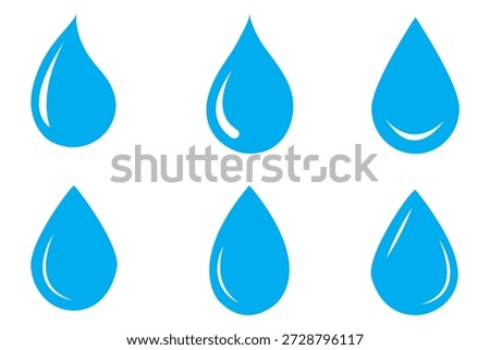 Six black teardrop shaped droplets on a white background
