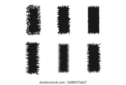 Six black, textured, vertical brush stroke elements isolated on a white background, representing grunge or artistic design.