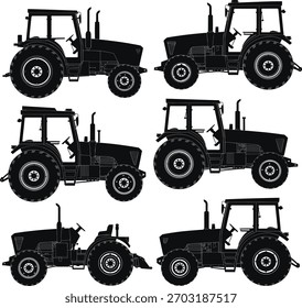 Seis siluetas negras del tractor en el vehículo agrícola del fondo blanco