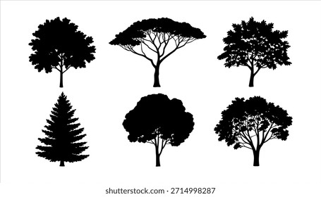 Six black tree silhouettes including a pine tree and deciduous trees with varied foliage on white background