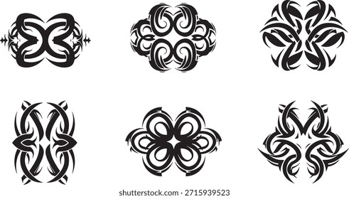 Seis gráficos tribales negros que presentan patrones florales y similares a nudos entrelazados para la marca decorativa o el arte corporal.