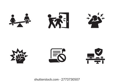 Six black vector icons representing various social challenges including bullying at the office door physical assault on white background stress and anxiety protection measures and inequality issues