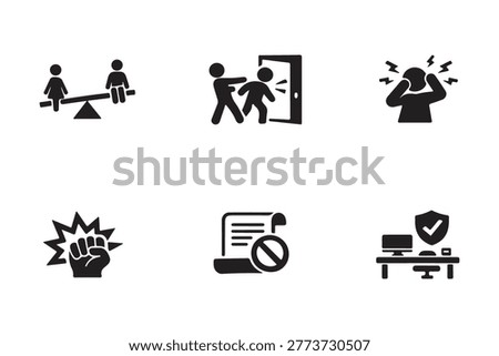 Six black vector icons representing various social challenges including bullying at the office door physical assault on white background stress and anxiety protection measures and inequality issues
