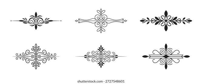 Seis separadores de línea de Vector negro con diseños simétricos de inspiración barroca para documentos e invitaciones elegantes.