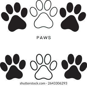Six Black and White Animal Paw Prints Arranged in Two Horizontal Rows on White Background Paws Text in Center