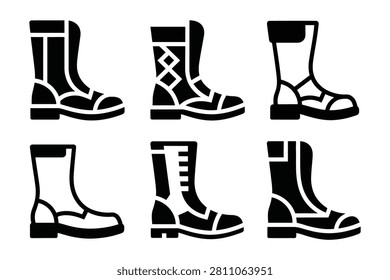 Six black and white boot illustrations on white background