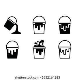 Six Black and White Bucket Icons Pouring Full Dripping Splashing Minimalist Style Construction Renovation Paint Liquid