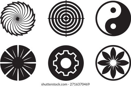 Six black and white circular geometric patterns with symmetrical