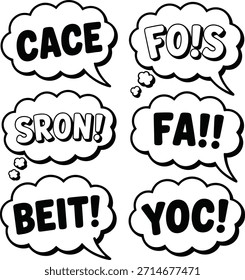 Seis bolhas de fala em quadrinhos em preto e branco com texto