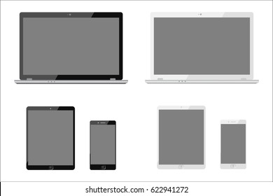 Six black and white communication devices. Devices with black display - for stock