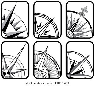 Six Black and White Directional Compass Icons