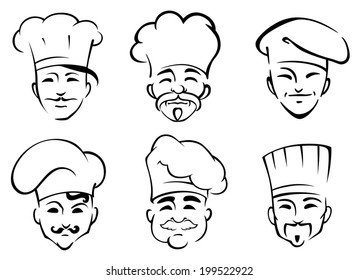 Six black and white doodle sketch heads of chefs logo wearing traditional toques in cartoon style