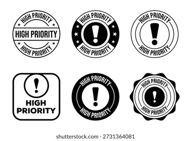 Six black and white high priority stamps and seals with exclamation marks and text
