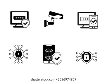 Seis íconos en blanco y negro que representan medidas de ciberseguridad Protección de Contraseñas, cámaras de seguridad, autenticación de huellas dactilares, dispositivos blindados, seguridad de red y acceso seguro.